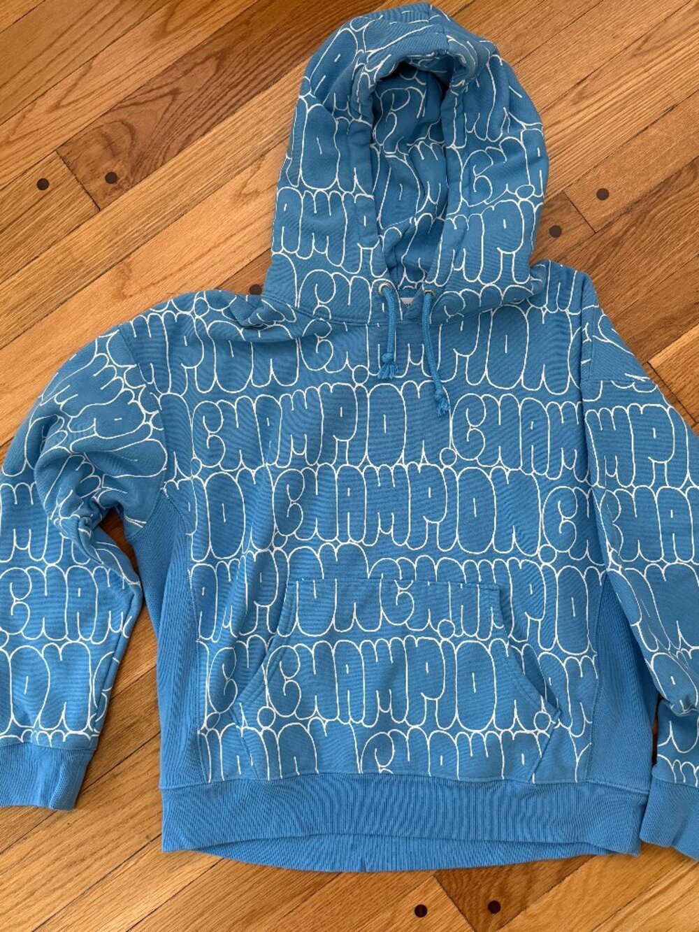 Champion Reverse Weave Heavyweight Bubble Letter Logo Hoodie Blue XL